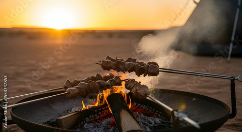 Barbecue Shish Kebabs Roasting on Campfire at Sunset Desert Campground