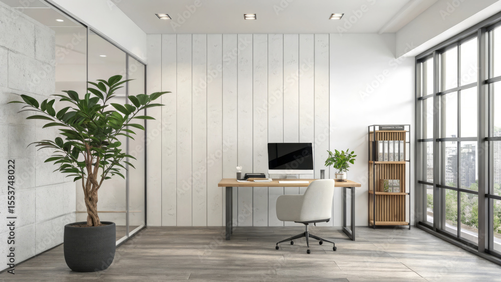 Fototapeta premium Contemporary Workspace Interior with Wooden Partition, Glass Wall, and Potted Plants