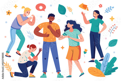 Group of people experiencing skin irritation from allergies, sharing experiences in a colorful outdoor setting during daytime