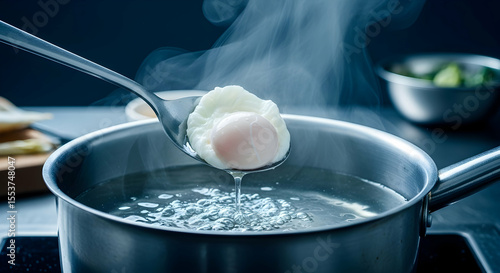 Delicious Poached Egg Drips From Silver Spoon Above Boiling Water
