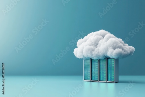 Visual representation of cloud computing with storage servers under a white cloud on a blue backdrop