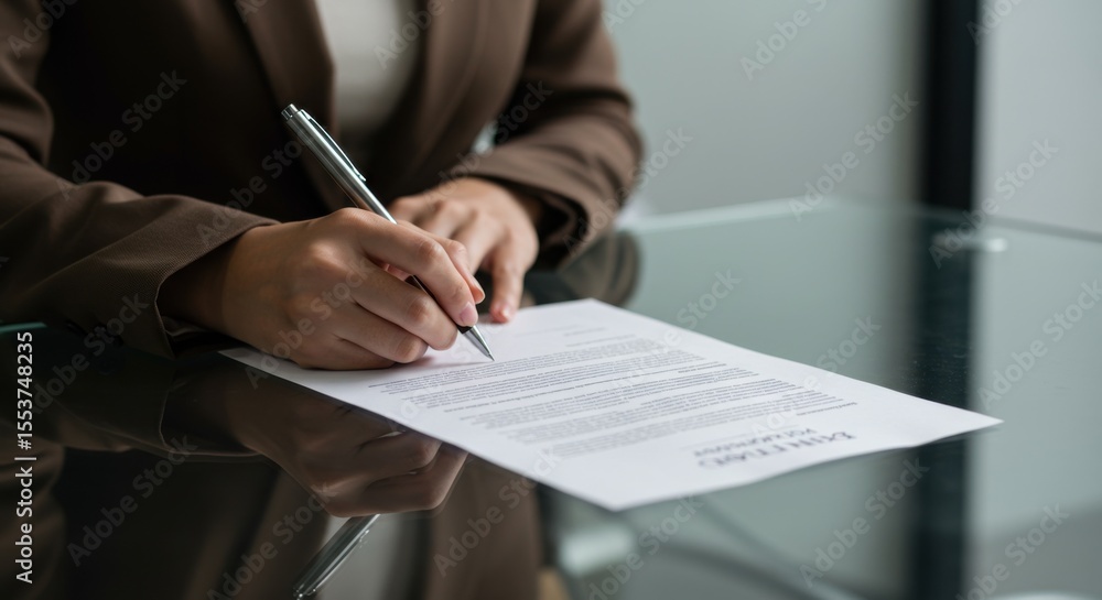 Business Professional Signing a Contract. Close-up of a businesswoman's hand with a pen finalizing a legal document, agreement or contract in a modern corporate office. Business Professional Signing a Contract. Close-up of a businesswoman's hand with a pen finalizing a legal document, agreement or contract in a modern corporate office.