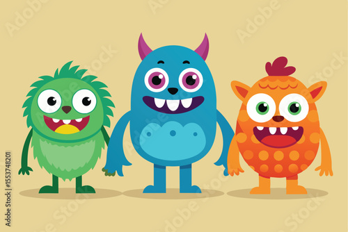 Colorful cute monsters standing together with big smiles in a playful and vibrant setting that brings joy and fun to any viewer