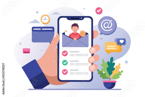 Sending emails to friends while holding a smartphone in a colorful and modern digital workspace during an afternoon