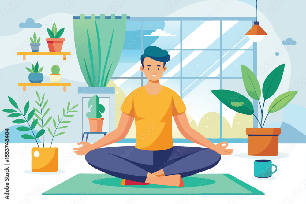 Obraz premium Young man engages in yoga practice at home in a bright room surrounded by plants and natural light