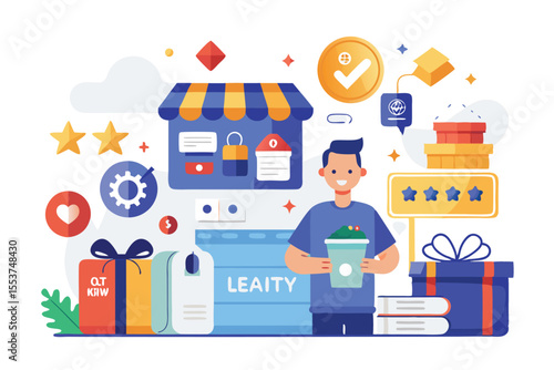 Engaging loyalty program marketing strategy for boosting customer retention and brand engagement in a vivid flat illustration format