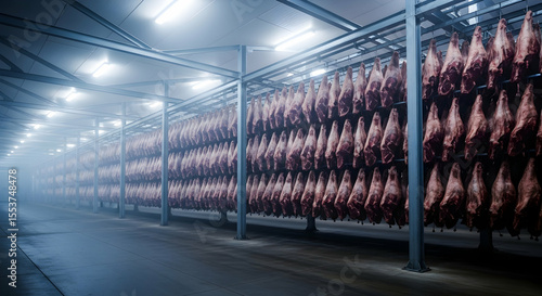 Large Scale Meat Processing Plant Cold Storage Room With Hanging Meat