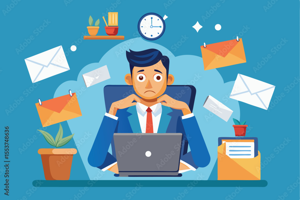 Overwhelmed businessman sitting at desk surrounded by emails and deadlines in a bright, office environment during working hours Overwhelmed businessman sitting at desk surrounded by emails and deadlines in a bright, office environment during working hours