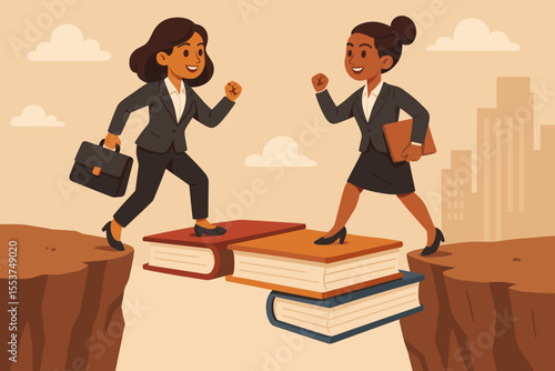 Ambitious businesswomen crossing a book bridge to career success. Metaphor for knowledge, education, and teamwork to overcome obstacles. Professional growth and advancement concept.