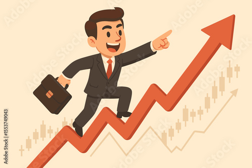 Businessman climbing success arrow. Stock market growth chart concept. Ambitious cartoon manager walking on financial graph. Investment profit, career progress vector illustration.