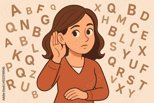 Attentive woman listening to jumbled alphabet letters. Concept of auditory processing disorder, dyslexia, learning language, or information overload. Communication problem metaphor.