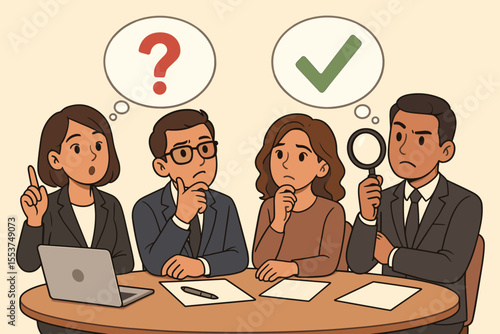 Business team evaluating options to make an informed decision. Corporate teamwork concept with people thinking, analyzing with a magnifying glass. Question mark and check mark symbols.