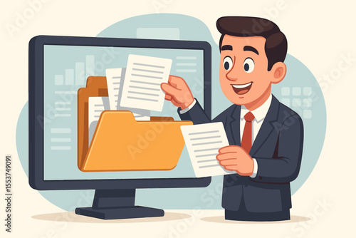 Businessman managing files in a digital database. Man accessing company documents and records online. Concept of data management, cloud storage, and archive system. Vector cartoon.