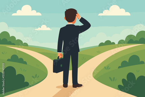 Businessman standing at crossroads facing career decision, choosing path to professional success, opportunity, uncertainty, business choices, future direction, vector cartoon illustration