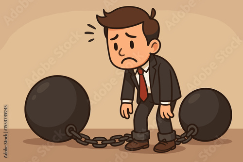 Stressed businessman chained to heavy debt balls, financial burden, money management struggle, economic pressure, cartoon vector illustration, metaphor for debt and financial stress