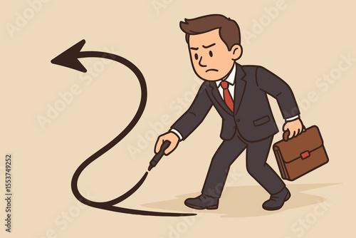 Businessman changing career direction, drawing a u-turn arrow. Concept of a business pivot, strategic retreat, or making a new decision. Vector cartoon metaphor illustration.