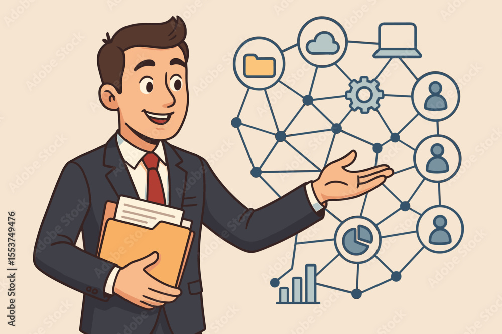 Businessman presenting data management system. Concept of network structure, cloud computing, business intelligence, workflow automation, and analytics. IT specialist cartoon vector. Businessman presenting data management system. Concept of network structure, cloud computing, business intelligence, workflow automation, and analytics. IT specialist cartoon vector.