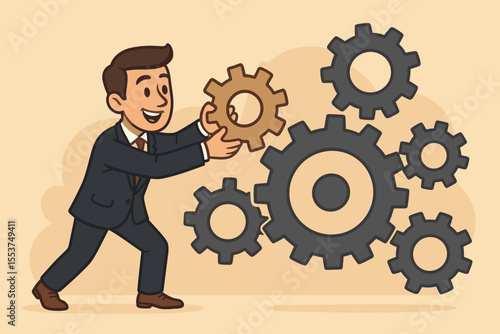 Businessman integrating a missing gear into a cogwheel mechanism. Business process, development, and teamwork concept. Metaphor for strategy, solution, and success. Cartoon vector.