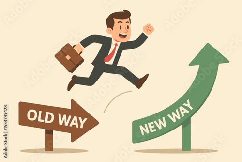 Businessman jumping from old way to new way arrow. Concept of adapting to change, improvement, and progress. Business strategy for career growth and transformation. Vector illustration.