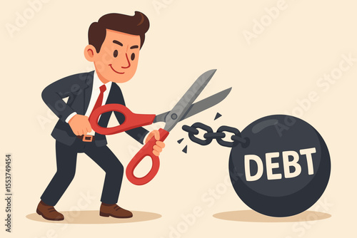Businessman cutting a debt chain with scissors. Concept of financial freedom, getting out of debt, breaking free from loans and credit burden. Financial management and success. Vector.