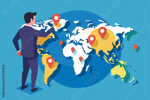 Global business expansion strategy featuring a professional marking new company branches on a world map in a corporate environment
