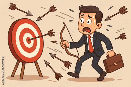 Businessman failure concept. Stressed cartoon character missing target with arrows. Unsuccessful business strategy, bad aim and frustration. Wrong direction and challenge metaphor.