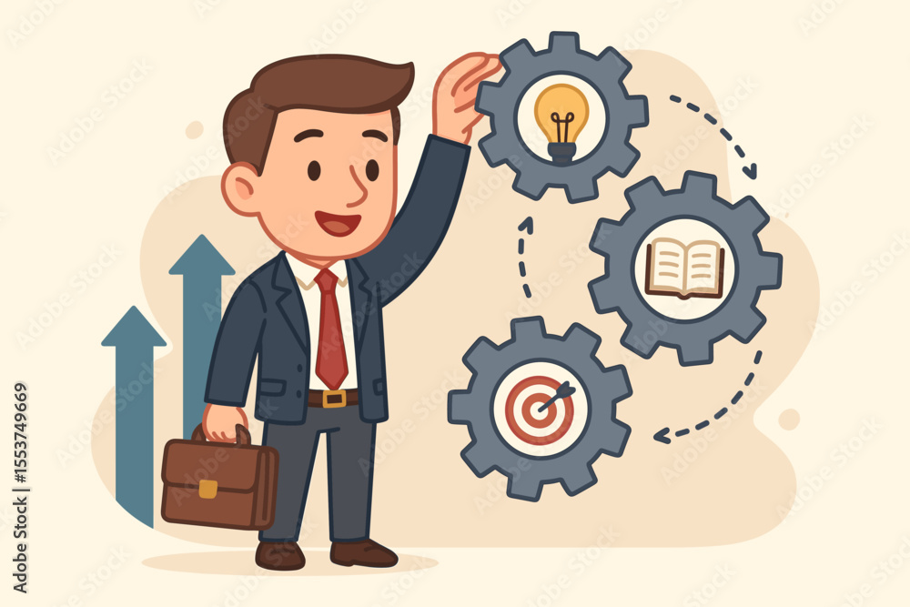 Cartoon businessman improving skills and knowledge, career development, learning new abilities, achieving goals, business growth, innovation, training, professional success, vector illustration Cartoon businessman improving skills and knowledge, career development, learning new abilities, achieving goals, business growth, innovation, training, professional success, vector illustration