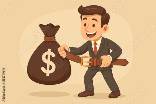 Businessman tightening belt around large money bag, symbolizing budget cuts, financial savings, cost reduction, economic austerity, frugal management, business finance strategy, cartoon vector