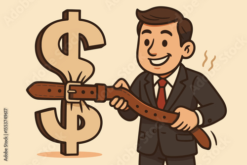 Businessman tightening belt on dollar sign, symbolizing budget cuts, financial savings, economic austerity, cost reduction, money management, business finance, cartoon vector illustration
