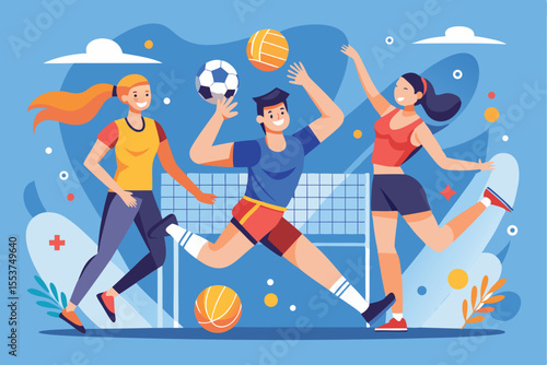 Colorful vector illustration showcasing volleyball players engaged in a lively match with playful expressions and dynamic movements set against a vibrant background