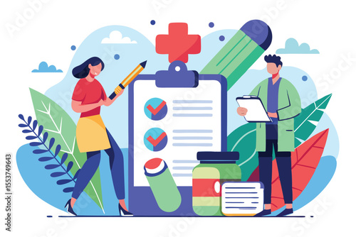 Healthcare professionals write and review drug prescriptions in a vibrant clinic environment with patients in mind