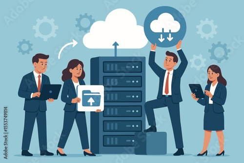 Business team using cloud computing technology, data server management, digital file transfer, secure online storage, enterprise IT solutions, teamwork collaboration, vector illustration