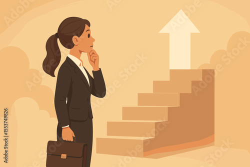 Businesswoman standing with briefcase contemplating career growth, decision making, next step, opportunity, staircase to success, leadership, ambition, planning, future goals, vector illustration