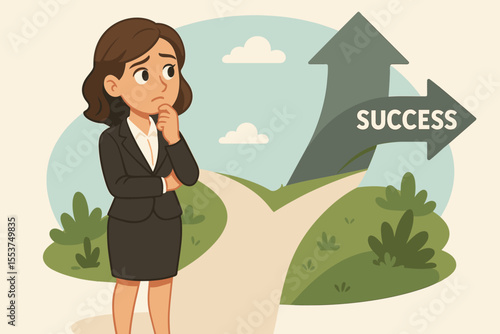 Businesswoman standing at crossroads choosing career path, concept of decision making, professional growth, opportunity, success, leadership, ambition, vector cartoon illustration