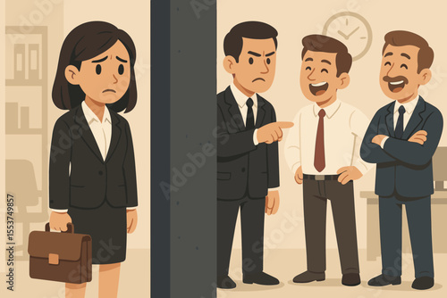 Businesswoman isolated facing gender inequality, discrimination, workplace bias, exclusion, male-dominated office, sexism, corporate unfairness, vector cartoon illustration, business diversity concept