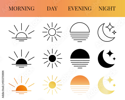 Set of day and night icons including sunrise, sun, sunset, and moon with stars. Time of day concept. Vector illustration