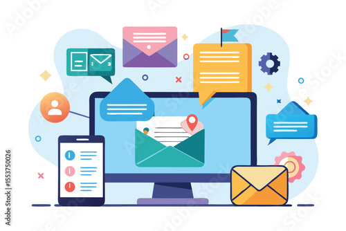 Email notification flat illustration depicting a computer and mobile screen with new email alerts and communication elements
