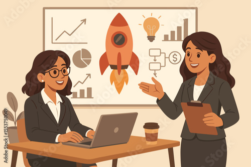 Female entrepreneurs planning startup launch. Businesswomen teamwork, office meeting, rocket innovation, financial growth, strategy, leadership, investment, success concept. Vector illustration