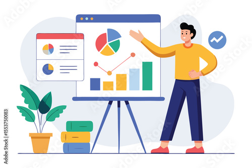 Presentation concept featuring a person explaining data visualization with graphs and charts in a modern workspace environment