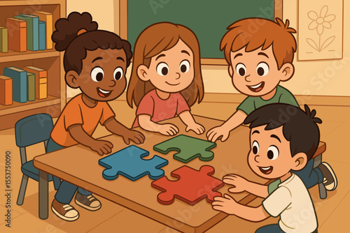 Diverse children collaborating on colorful puzzle pieces at classroom table, teamwork, early education, playful learning, group activity, elementary school, cartoon vector illustration