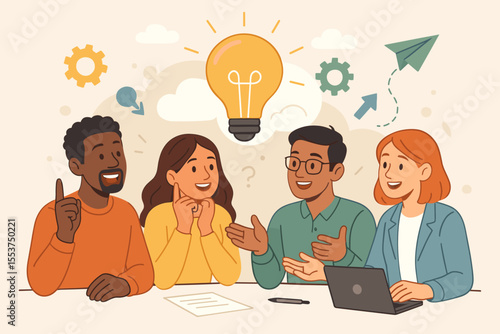 Diverse Team Brainstorming Creative Solutions, Group Collaboration, Innovation, Idea Generation, Problem Solving, Multicultural Office Meeting, Modern Business Vector Illustration