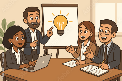 Diverse business team brainstorming creative ideas in office meeting. Cartoon vector illustration of colleagues collaborating, discussing project strategy, teamwork, innovation, planning, presentation