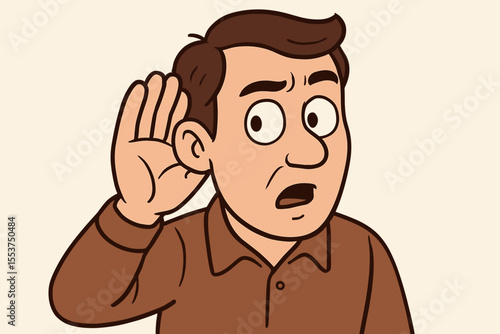 Cartoon man listening carefully with hand to ear gesture, eavesdropping, curiosity, attentive expression, hearing concept, communication, surprised face, vector illustration
