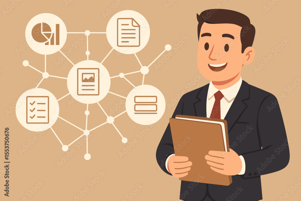 Businessman Holding Folder with Connected Data Icons, Document Management, Workflow Organization, Analytics, Checklist, Digital Files, Office Productivity, Vector Illustration Businessman Holding Folder with Connected Data Icons, Document Management, Workflow Organization, Analytics, Checklist, Digital Files, Office Productivity, Vector Illustration