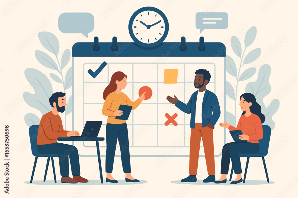 Fototapeta premium Team Project Management Collaboration, Scheduling Meetings, Planning Deadlines, Office Calendar Organization, Business People Working Together, Productivity, Vector Illustration