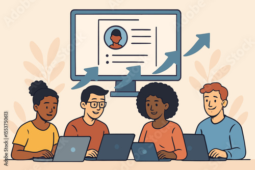 Diverse team of job seekers applying online, submitting resumes via laptops, digital recruitment, career search, employment application process, teamwork, modern HR, vector illustration