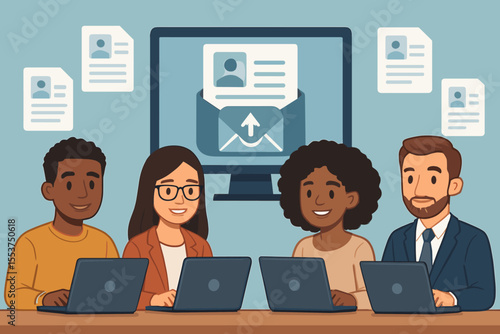 Diverse team of job applicants submitting resumes online, recruitment process, human resources, digital hiring, career search, people using laptops, CV submission, employment application concept