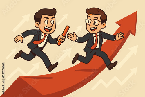Businessmen relay race passing baton on rising arrow, teamwork and leadership driving corporate success, business growth, partnership, collaboration, progress, cartoon vector illustration