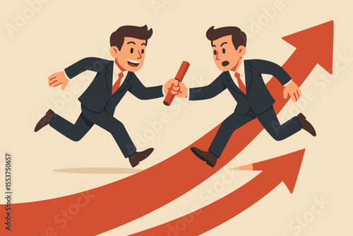 Businessmen relay race passing baton on rising arrow, teamwork, leadership, corporate partnership, business growth, success, collaboration, competition, achievement, vector illustration