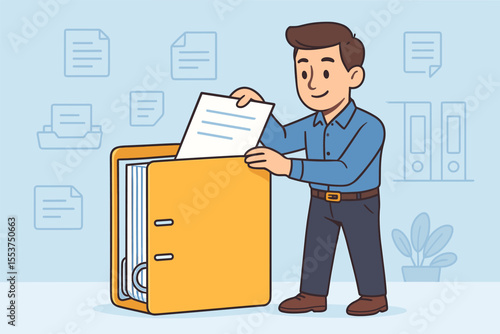 Office document management concept. Cartoon male worker organizing paperwork, filing documents in large yellow folder. Business archive, records storage, administration, paperwork organization
